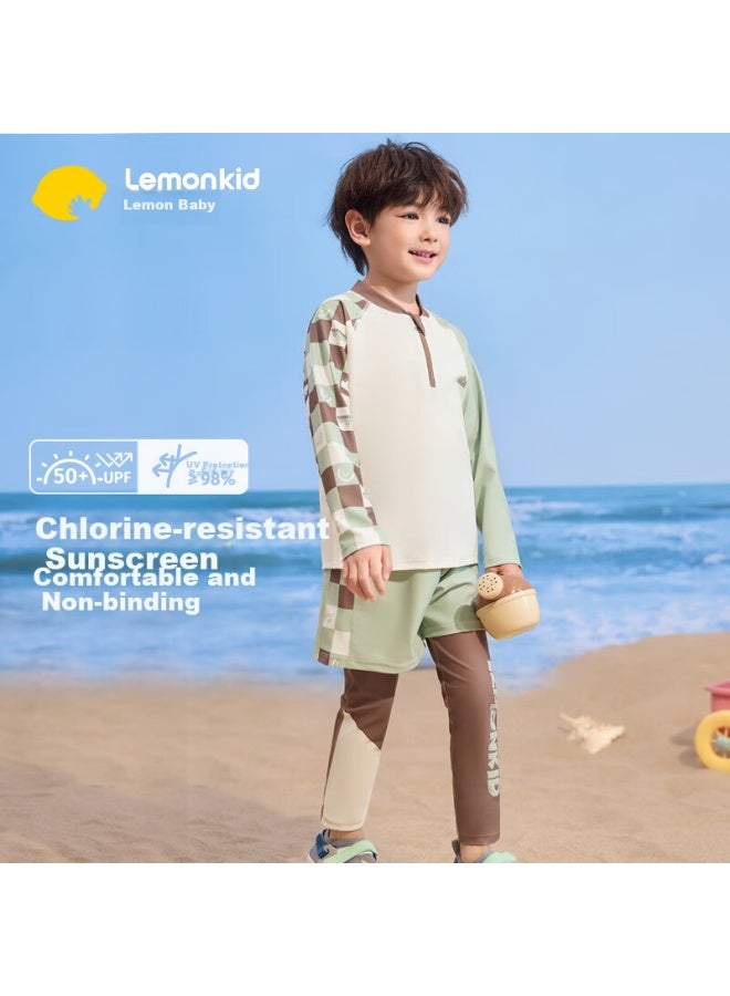 Lemonkid Children's Swimwear, Boys And Girls Swimsuit, Long-sleeve And Long-pants Two-piece Set, Sun Protection Baby Swimwear, Cocoa Milkshake Brown, Size 130 - Image 1