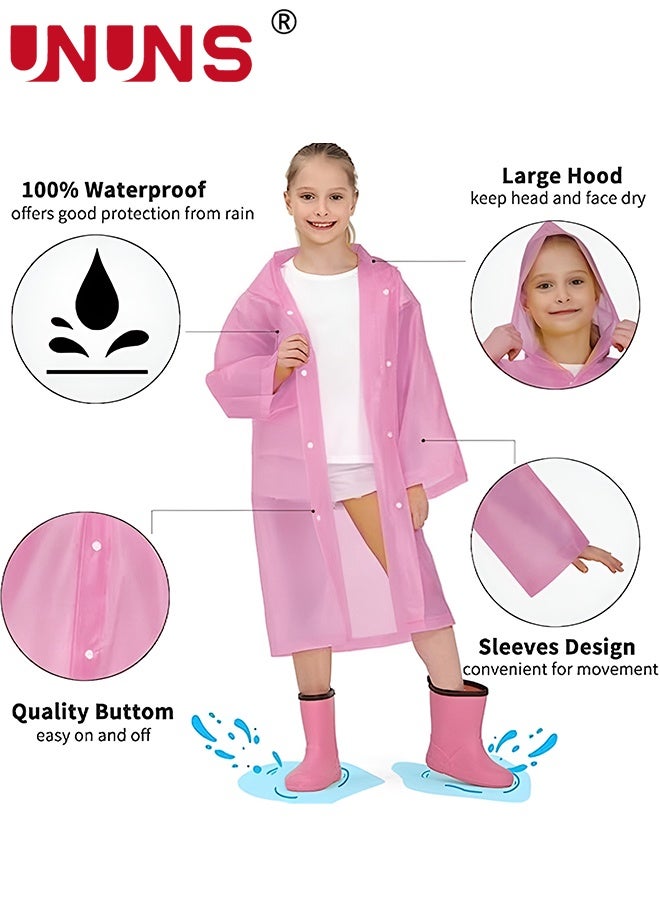 UNUNS Kids Raincoat,2 Pcs Kids Waterproof Thick Rain Ponchos For Kids,Reusable Emergency Rain Coats For Boys Girls,Kids Snow Rainwear Jacket with Hood and Drawstring,Portable EVA Rain Jacket,Light Pink - Image 2