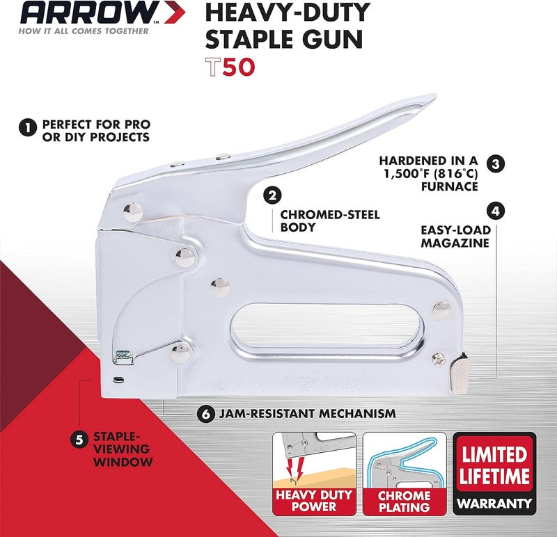 Arrow Fastener Arrow T50 Heavy Duty Staple Gun for Upholstery, Wood, Crafts, DIY and Professional Uses, Manual Stapler Uses 1/4”, 5/16”, 3/8", 1/2", or 9/16” Staples - Image 4