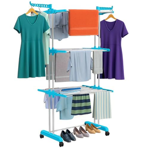 H Houseware Foldable Cloth Drying Stand Stainless Steel 3 Tier Heavy-Duty Clothes Dryer for Balcony Indoor & Outdoor Use with Wheels & Hanger Slots Rust-Proof (Blue) 121.9 x 68.6 x 167.6 Cm - Image 1