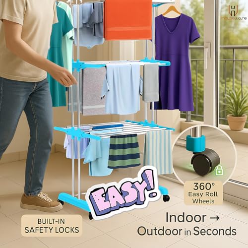 H Houseware Foldable Cloth Drying Stand Stainless Steel 3 Tier Heavy-Duty Clothes Dryer for Balcony Indoor & Outdoor Use with Wheels & Hanger Slots Rust-Proof (Blue) 121.9 x 68.6 x 167.6 Cm - Image 5