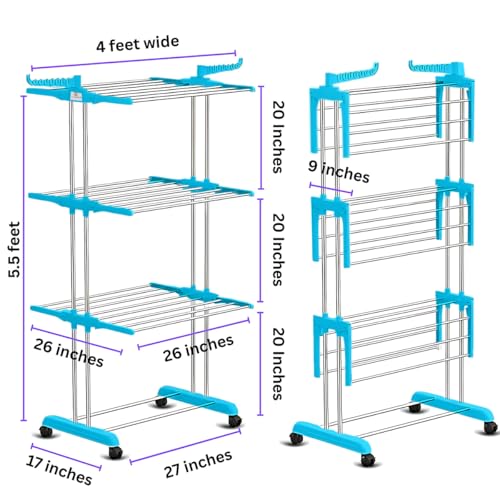H Houseware Foldable Cloth Drying Stand Stainless Steel 3 Tier Heavy-Duty Clothes Dryer for Balcony Indoor & Outdoor Use with Wheels & Hanger Slots Rust-Proof (Blue) 121.9 x 68.6 x 167.6 Cm - Image 4