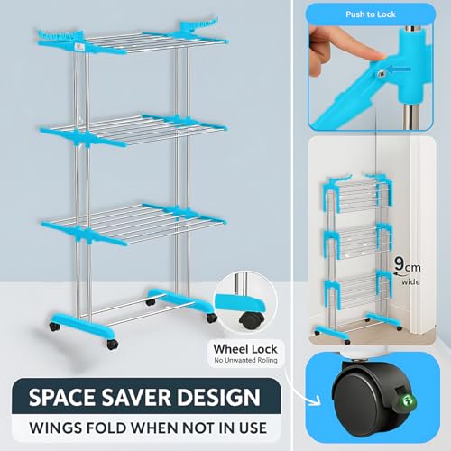H Houseware Foldable Cloth Drying Stand Stainless Steel 3 Tier Heavy-Duty Clothes Dryer for Balcony Indoor & Outdoor Use with Wheels & Hanger Slots Rust-Proof (Blue) 121.9 x 68.6 x 167.6 Cm - Image 3