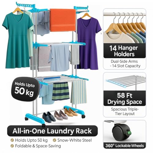 H Houseware Foldable Cloth Drying Stand Stainless Steel 3 Tier Heavy-Duty Clothes Dryer for Balcony Indoor & Outdoor Use with Wheels & Hanger Slots Rust-Proof (Blue) 121.9 x 68.6 x 167.6 Cm - Image 2