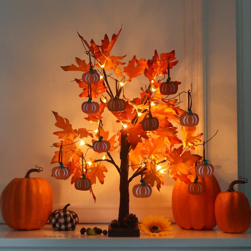 hogardeck Fall Decorations for Home 242FT Lighted Maple Leaves Tree Fall Decor with 24LT Warm White LEDs 12 Wood Pumpkin Ornaments Battery Powered Timer Artificial Trees for Autumn Thanksgiving