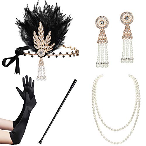 BABEYOND 1920s Flapper Gatsby Costume Accessories Set 20s Flapper Headband Pearl Necklace Gloves Holder - Image 1