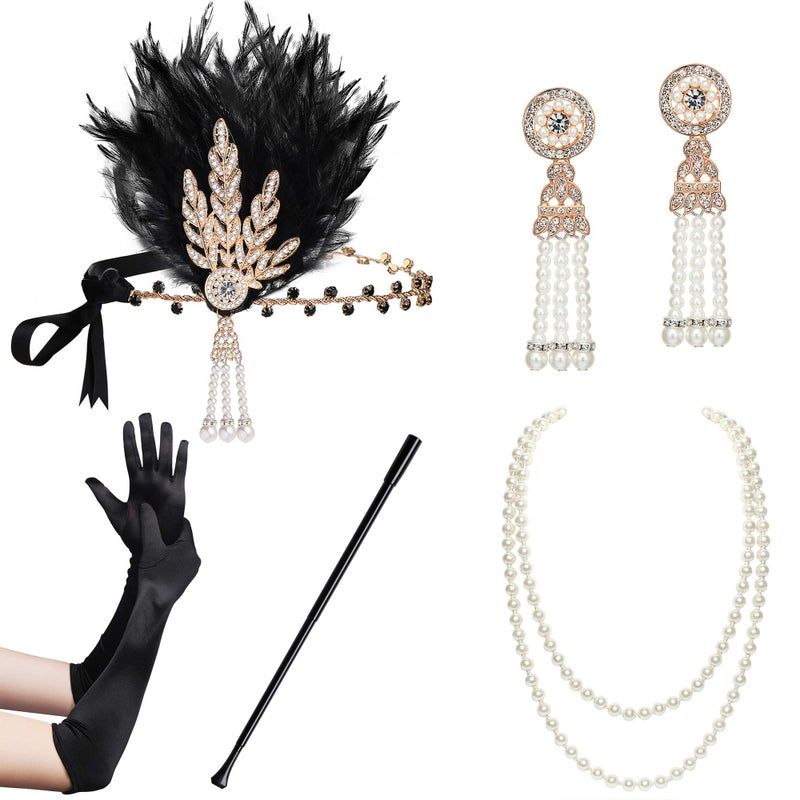BABEYOND 1920s Flapper Gatsby Costume Accessories Set 20s Flapper Headband Pearl Necklace Gloves Holder - Image 4