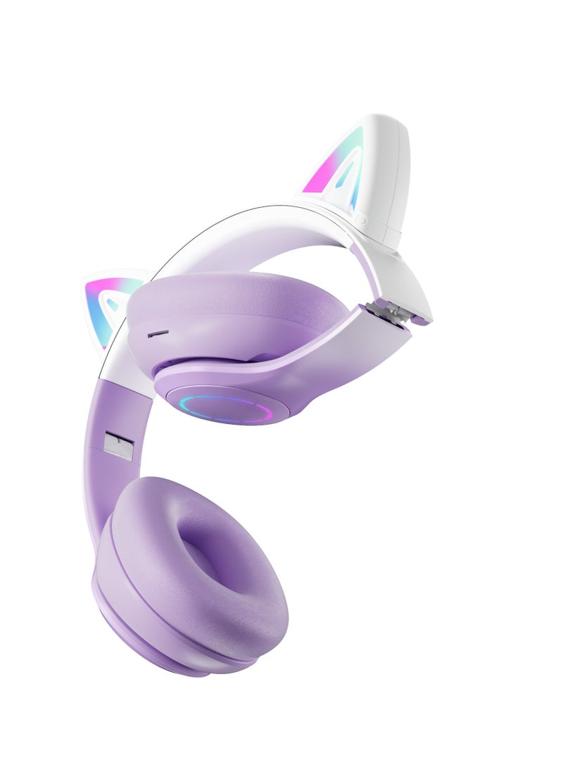 GULFLINK - Cat Ear Foldable Comfortable Headphones Kids Bluetooth Headphone with Microphone Purple - Image 1