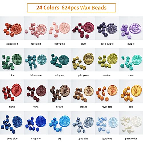 Comealltime Wax Seal Kit with Gift Box, 624 Pcs 24 Colors Sealing Beads, 2 Pcs Stamps, Sealing Wax Warmer, Metallic Pen, Envelope, Candles for Wedding Birthday Gift and DIY Craft, Sellado de Cera - Image 2
