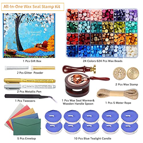 Comealltime Wax Seal Kit with Gift Box, 624 Pcs 24 Colors Sealing Beads, 2 Pcs Stamps, Sealing Wax Warmer, Metallic Pen, Envelope, Candles for Wedding Birthday Gift and DIY Craft, Sellado de Cera - Image 3