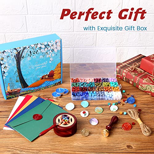 Comealltime Wax Seal Kit with Gift Box, 624 Pcs 24 Colors Sealing Beads, 2 Pcs Stamps, Sealing Wax Warmer, Metallic Pen, Envelope, Candles for Wedding Birthday Gift and DIY Craft, Sellado de Cera - Image 5