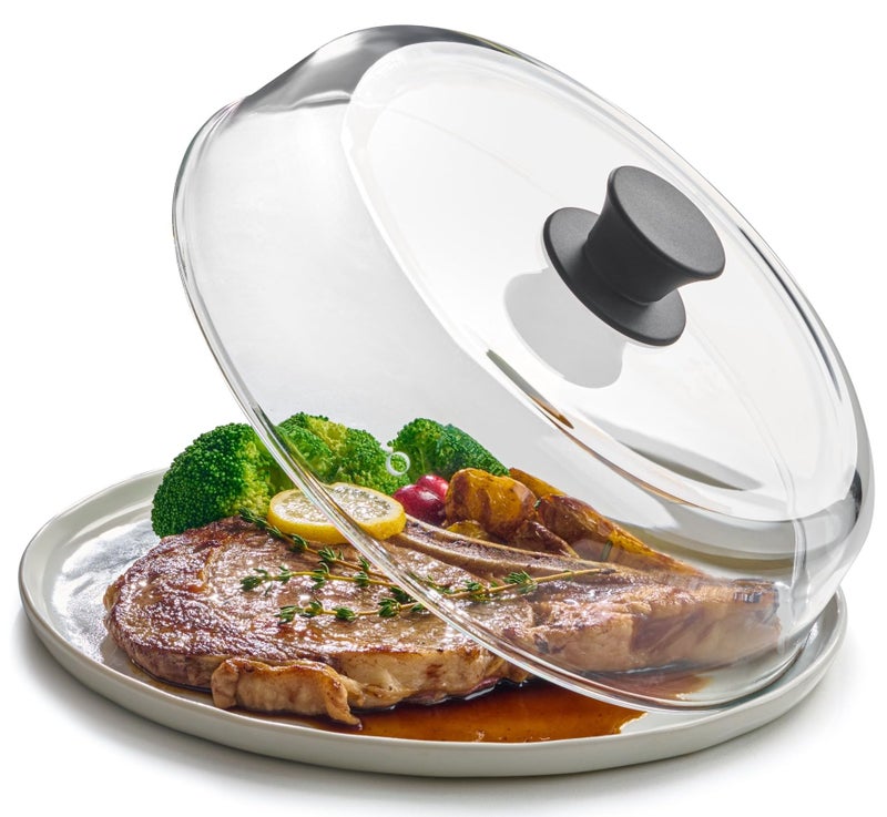 Le'raze 10inch Glass Microwave Splatter Cover for Food - 100% Food Grade BPA & Lead Free - Dishwasher Safe - Cookware & Bakeware Serving Dish Plate Mess Guard Lid with Easy Grip Silicone Handle Knob - Image 1