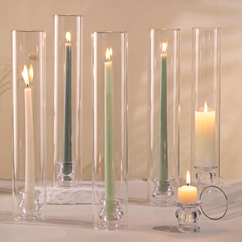 Volens Hurricane Glass Candle Holders - Set of 6 Candlestick Holders for Taper Candles with Windproof Cylinder Covers 14" Tall Clear Glass Chimney Cover for Wedding Table Centerpiece Home Decor - Image 1