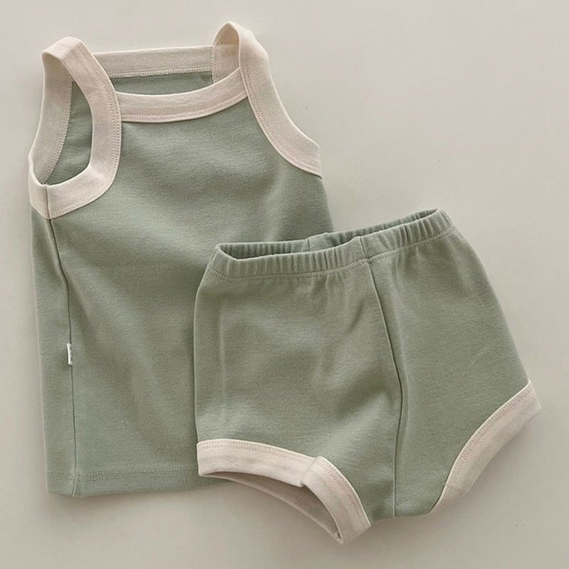 Summer Cotton Baby Vest and Shorts Set pure green 