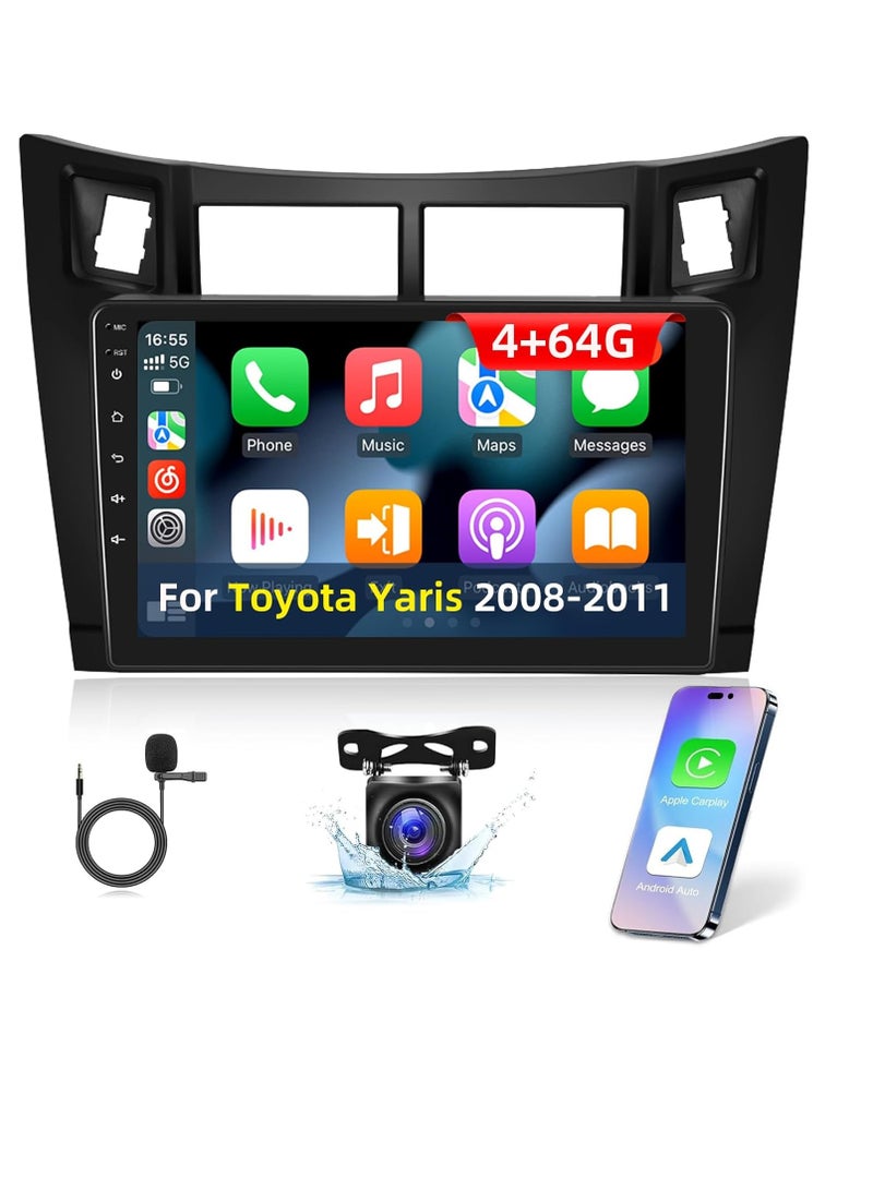 4+64G Android Car Radio for Toyota Yaris 2008 2009 2010 2011 - Wireless Carplay & Android Auto - 9 Inch Touchscreen Radio with 32 EQ DSP, WiFi, GPS, Split Screen + AHD Rear View Camera - Image 1