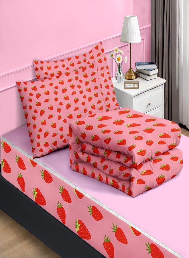 Nesker Strawberry Zipper Bedding Twin Pink Bedding Set for Girls and Kids, Cute Fruit 3 Pcs Comforter Bed in a Bag with Fitted Sheet and 2 Pcs Pillowcases - Image 2