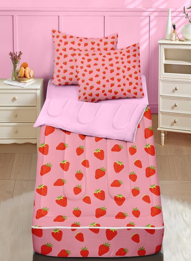 Nesker Strawberry Zipper Bedding Twin Pink Bedding Set for Girls and Kids, Cute Fruit 3 Pcs Comforter Bed in a Bag with Fitted Sheet and 2 Pcs Pillowcases - Image 1