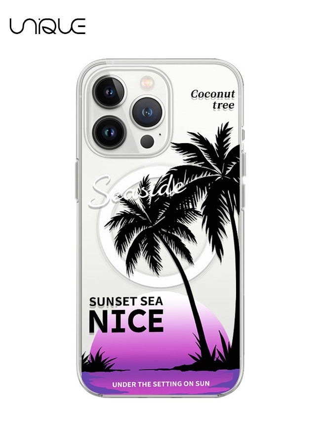 Unique Compatible with iPhone 15 Pro Cases, Compatible with MagSafe Cases, Black Coconut Tree Pattern Cases, Purple Sunrise Cases, TPU Drop Protection - Image 1