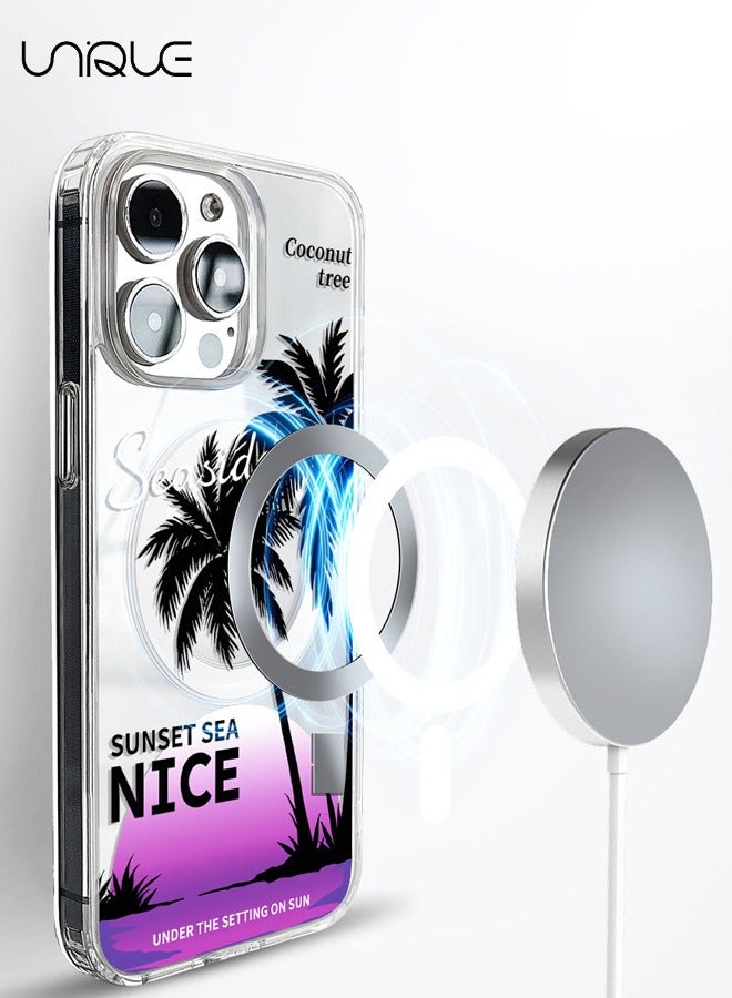 Unique Compatible with iPhone 15 Pro Cases, Compatible with MagSafe Cases, Black Coconut Tree Pattern Cases, Purple Sunrise Cases, TPU Drop Protection - Image 3