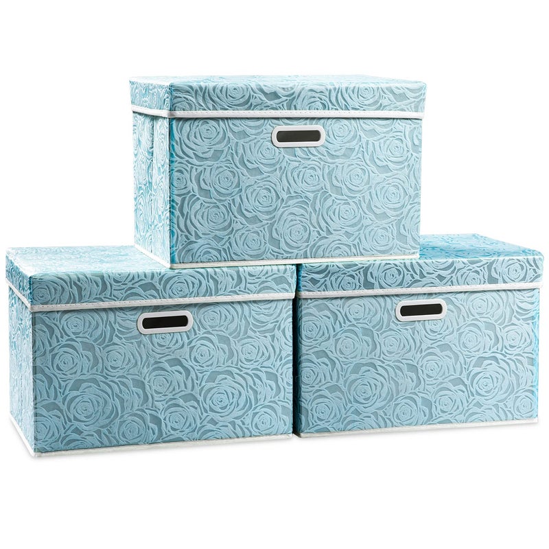 PRANDOM Larger Collapsible Storage Cubes with Lids Fabric Decorative Storage Bins Boxes Organizer Containers Baskets with Cover Handles for Bedroom Closet Living Room Blue 177x118x118 Inch 3 Pack