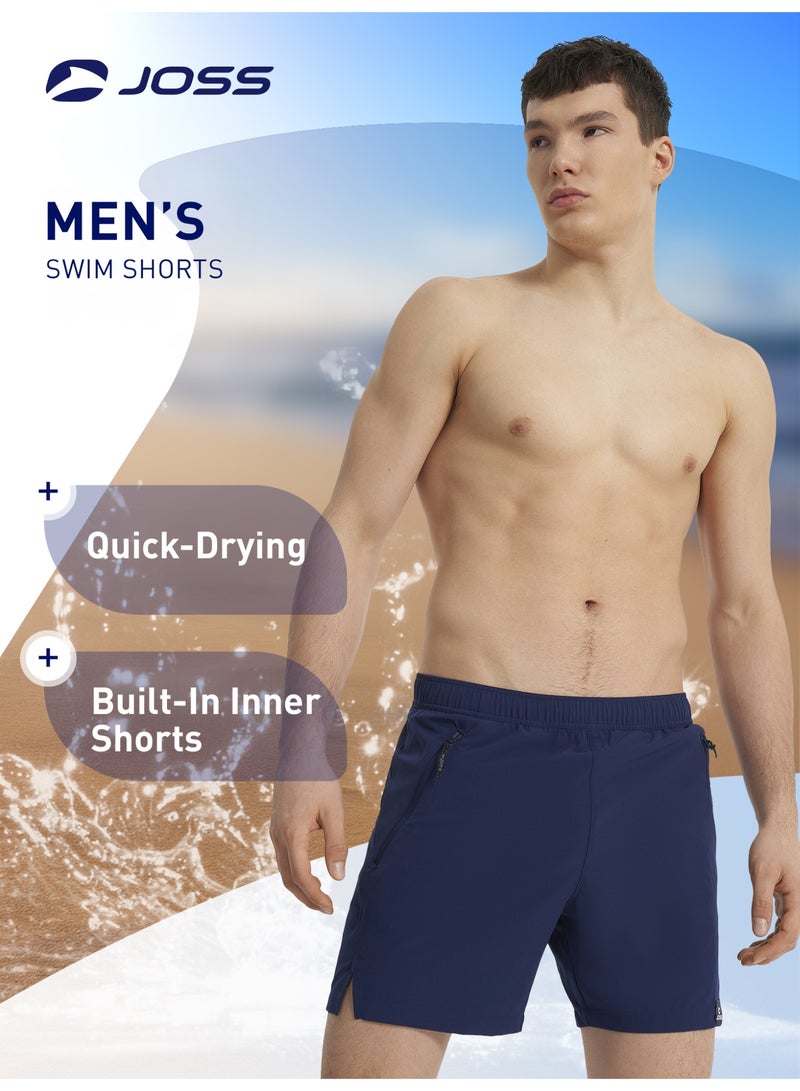 Joss Men's Swimming Shorts Navy Blue – Adjustable Drawstring, Quick-Drying, Built-In Suspenders, Zipper Pockets for Secure Storage - Image 2