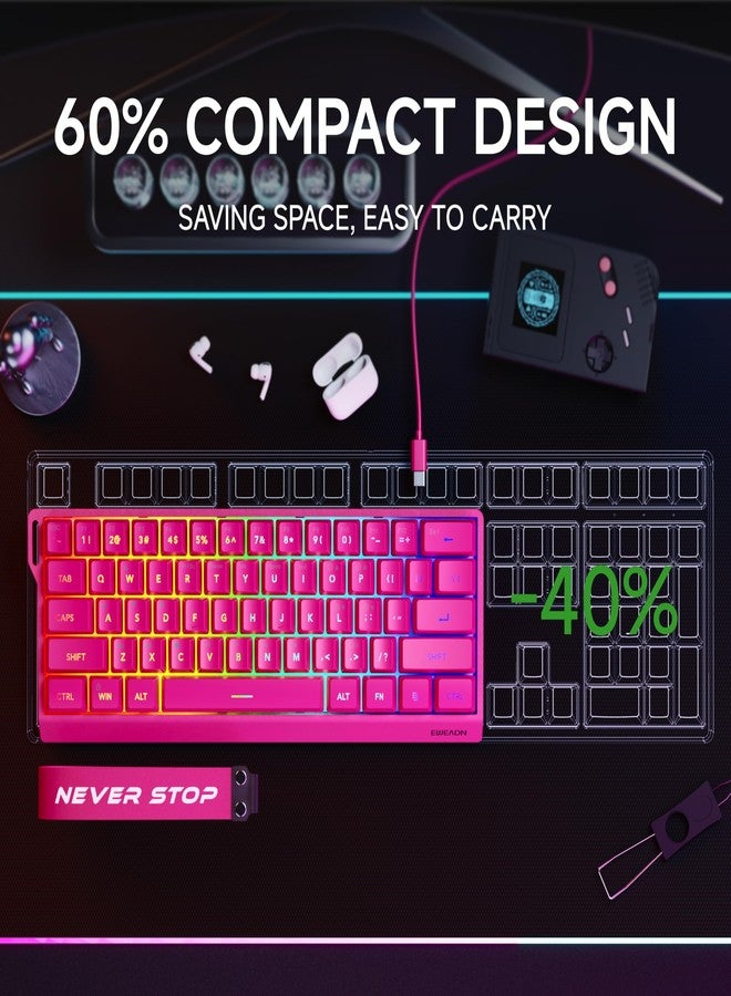 لوحة مفاتيح الألعاب السلكية SEUNKWANG EWEADN F61 بنسبة 60%، لوحة مفاتيح غشائية بإضاءة خلفية RGB مع أغطية مفاتيح PBT، تصميم صغير الحجم، لوحة مفاتيح سلكية بحبل للتعليق لأجهزة Mac/Win - أحمر - Image 3