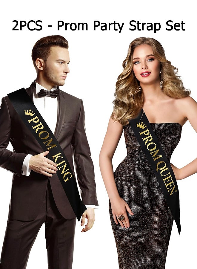 Wffo 2 Pcs Prom King and Queen Sashes - Graduation Dance Party Accessories with Print for School Prom Supplies(Black and Gold) - Image 1