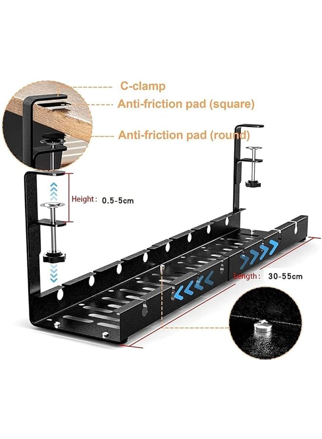 promass Under Desk Cable Management Tray, Retractable Clamp Mounted Desk Cable Cord Organizer For Wire Management, Sturdy Metal Cable Tray Basket For Home Office, No Damage To Desk (21.7", Black) - Image 2