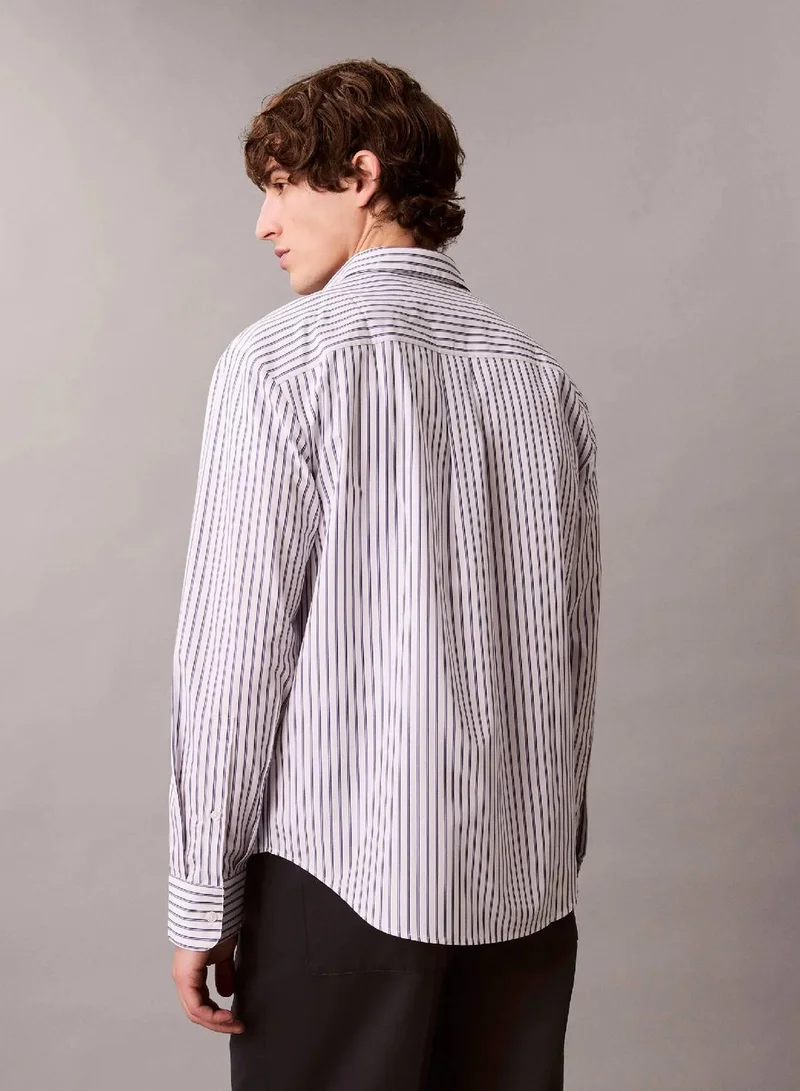 Calvin Klein Brilliant White Double Stripe Cotton Relaxed Button-Down Shirt for Men | Best Price UAE