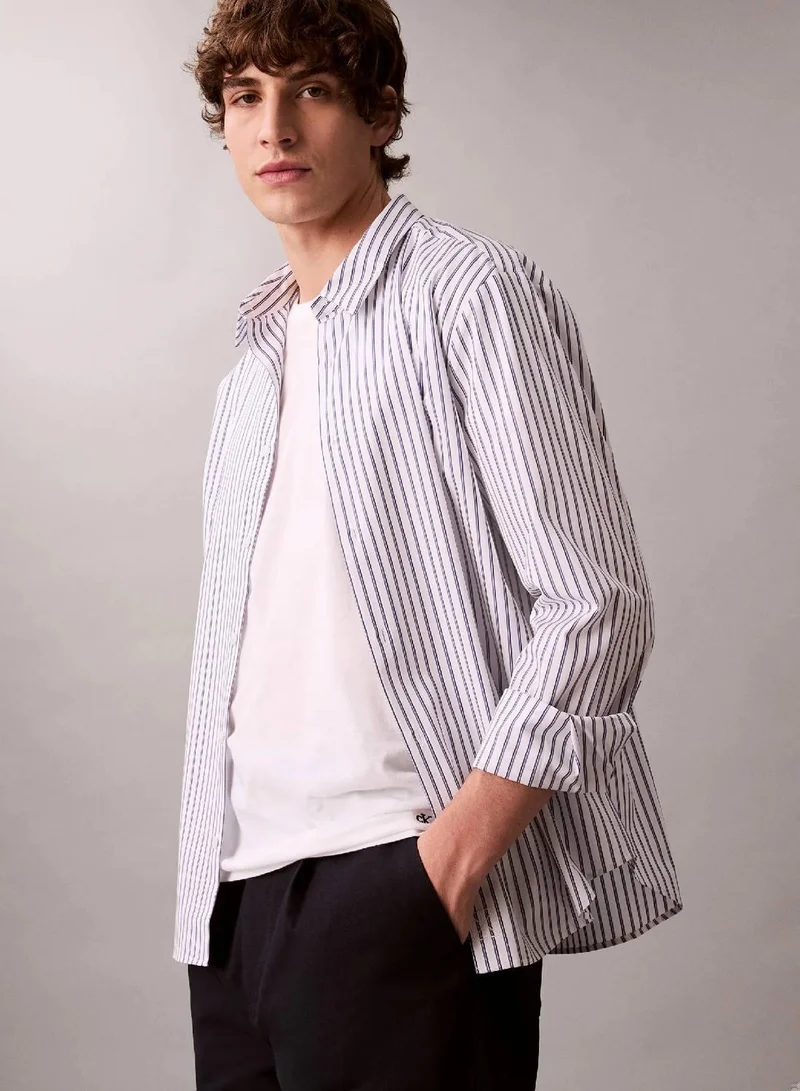 Calvin Klein Brilliant White Double Stripe Cotton Relaxed Button-Down Shirt for Men | Best Price UAE