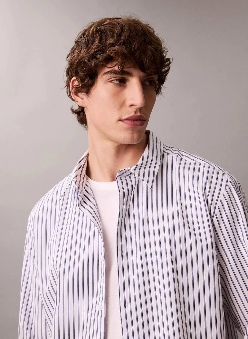 Calvin Klein Brilliant White Double Stripe Cotton Relaxed Button-Down Shirt for Men | Best Price UAE