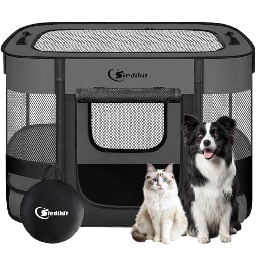 Siedihit Dog PlaypenCat Pet Puppy PenPortable Playpens for Dogs Indoor Outdoor Travel Camping UseFoldable Dog Kennel Tent Crate for Rabbit Small Animals with Carrying Case Dark Grey Medium - Image 1