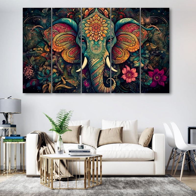 The Castle Decor لوحة عائمة برأس فيل من ديكور القلعة بحجم كبير 36x60 مع إطار فن الجدران لغرفة المعيشة وغرفة النوم وغرفة الرسم والفنادق بإطار خشبي ورسم رقمي - Image 1