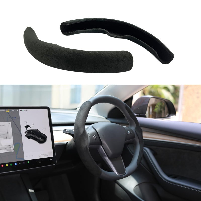 Tesheer for Tesla Steering Wheel Cover Model 3/Y Suede Steering Wheel Wrap Protector Comfortable Grip Interior Accessories for Tesla 2017-2023 Model 3 Model Y (Black upgrade)