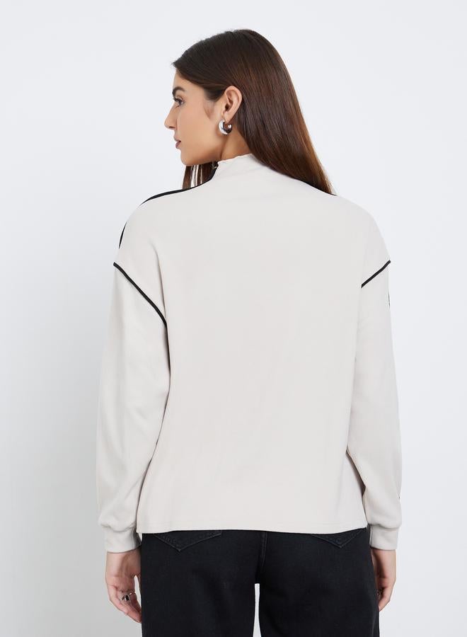 Styli Beige Oversized Piped Detail Sweatshirt - Image 4