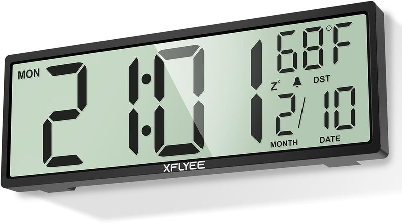 Xflyee ساعة حائط رقمية كبيرة 14.5 بوصة تعمل بالبطارية بأرقام ضخمة، مع توقيت صيفي تلقائي، وبيانات اليوم والتاريخ والمنبه ودرجة الحرارة لغرفة المعيشة وغرفة النوم وديكور المكتب، هدية، شاشة عرض LCD سهلة القراءة والضبط - Image 1