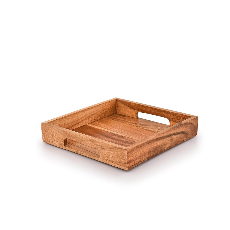 Samhita Acacia Wood Serving Tray with HandlesWooden Serving Tray Snack Tray Breakfast Tray Great for Breakfast Coffee Size 10 x 10 x 175