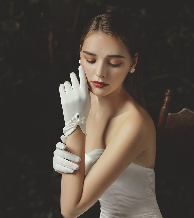 Gionforsy Floral Lace Gloves for Wedding & Bridal - Elegant Short Wrist Gloves for Opera, Dinner Party (Off White) - Image 3