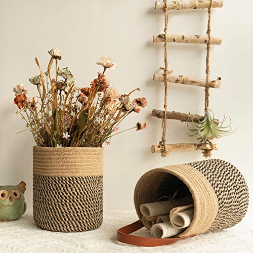 Goodpick 2pack Jute Rope Hanging Basket - 7.87" x 7" Small Woven Fern Wall Hanging Basket Flower Plants, Woven Storage, Black and Jute - Image 2