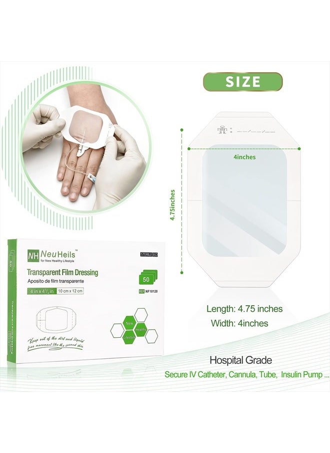 NEUHEILS - NeuHeils Transparent Film Dressing, Large Waterproof Wound Cover Bandage 4''x4.75'', 50 Packs, Post Surgical Shower or IV Shield, Tattoo Aftercare Bandage, Adhesive Patch 4 x 4 3/4 Inch - Image 1