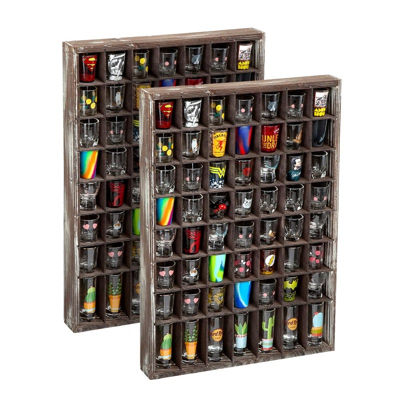 J JACKCUBE DESIGN  Shot Glasses Display CaseSet of 2 56 Compartments Wall Mount Pint Glass Shadow Box Bar Cabinet Collection Freestanding  MK524AA
