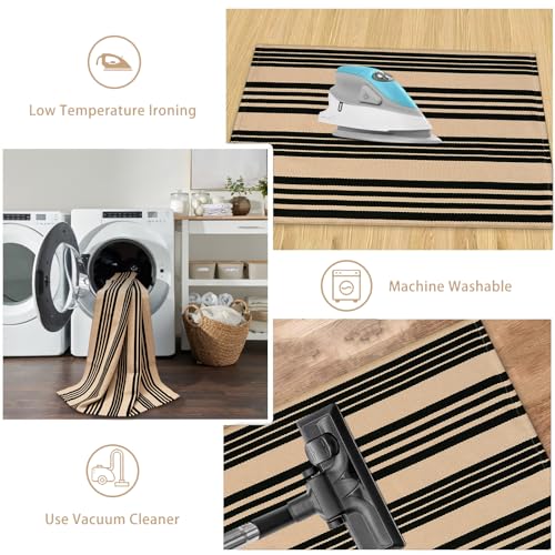 Sungea Striped Outdoor Fall Front Door Mat 24"x51", Cotton Hand Woven Washable Black and Khaki Rug Runner, Reversible Foldable Indoor Layered Front Door Rugs for Entryway/Farmhouse/Home Entrance - Image 4