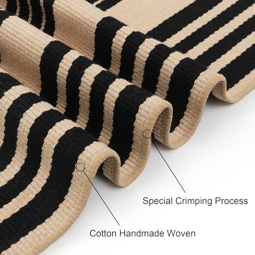 Sungea Striped Outdoor Fall Front Door Mat 24"x51", Cotton Hand Woven Washable Black and Khaki Rug Runner, Reversible Foldable Indoor Layered Front Door Rugs for Entryway/Farmhouse/Home Entrance - Image 3