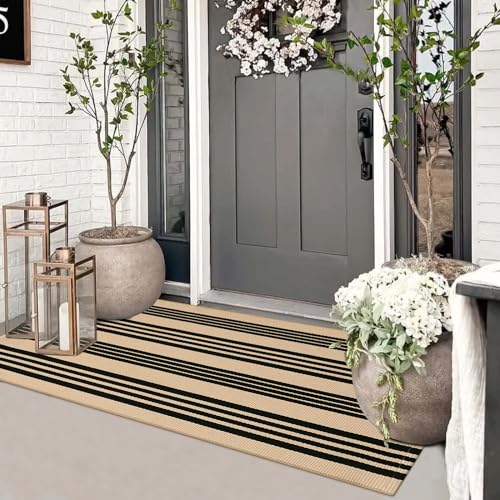 Sungea Striped Outdoor Fall Front Door Mat 24"x51", Cotton Hand Woven Washable Black and Khaki Rug Runner, Reversible Foldable Indoor Layered Front Door Rugs for Entryway/Farmhouse/Home Entrance - Image 1