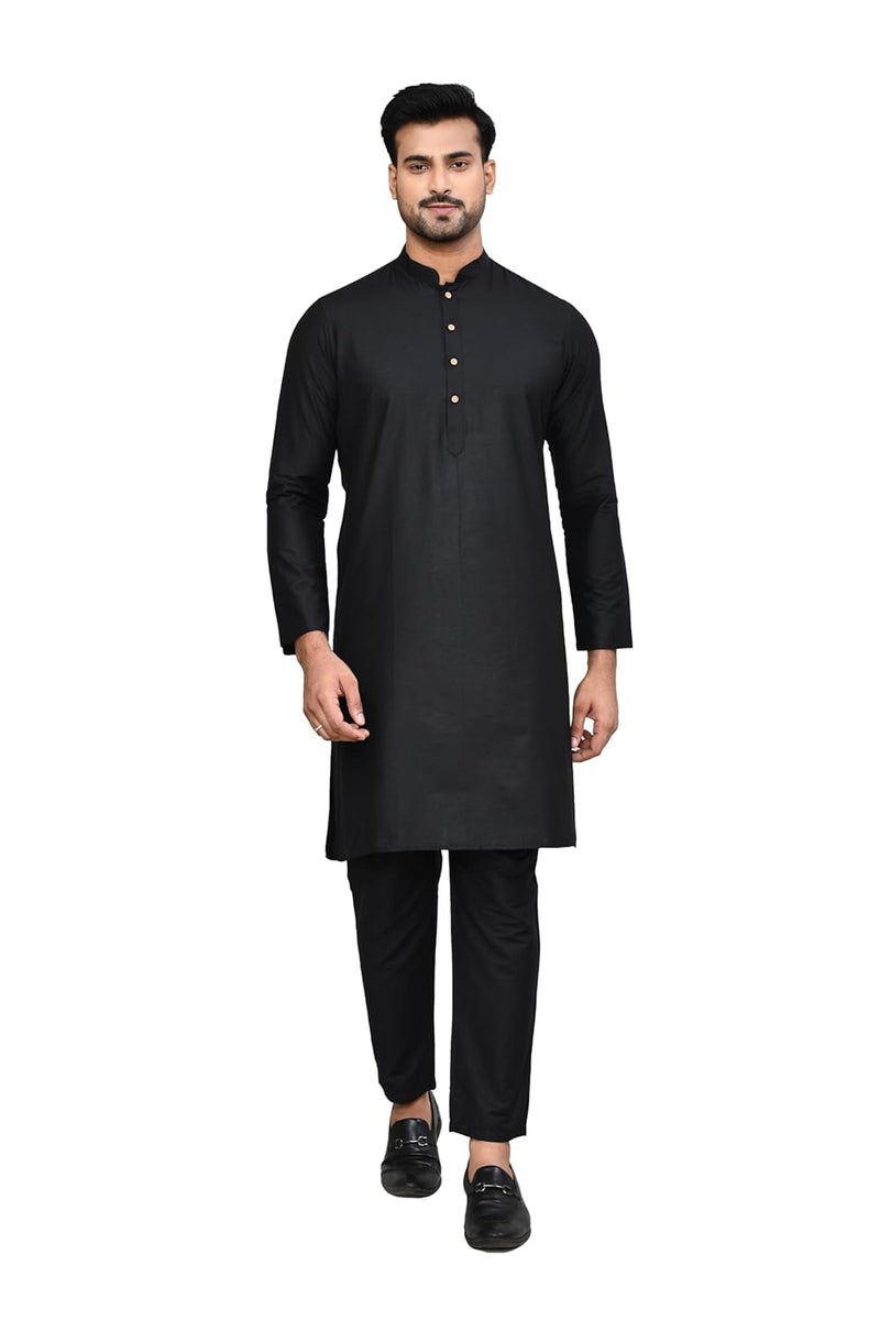 POLY2FAB Hathkargha Men's Cotton Regular Fit Kurta Pyjama Set - Black Ethnic Wear with Mandarin Collar & Full Sleeves - Image 1