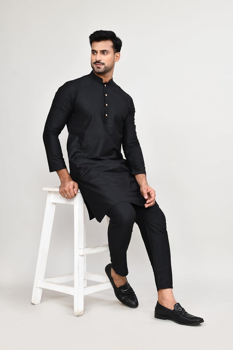 POLY2FAB Hathkargha Men's Cotton Regular Fit Kurta Pyjama Set - Black Ethnic Wear with Mandarin Collar & Full Sleeves - Image 4