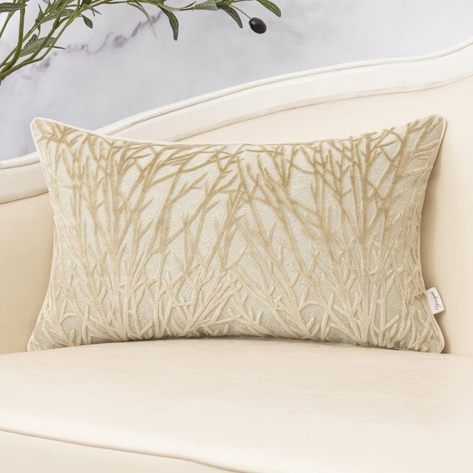 BEIGE THROW PILLOW COVER VELVET CUSHION COVER BRANCHES RECTANGULAR NEUTRAL PILLOWCASE FOR SOFA COUCH BEDROOM LIVING ROOM 12X20 INCH