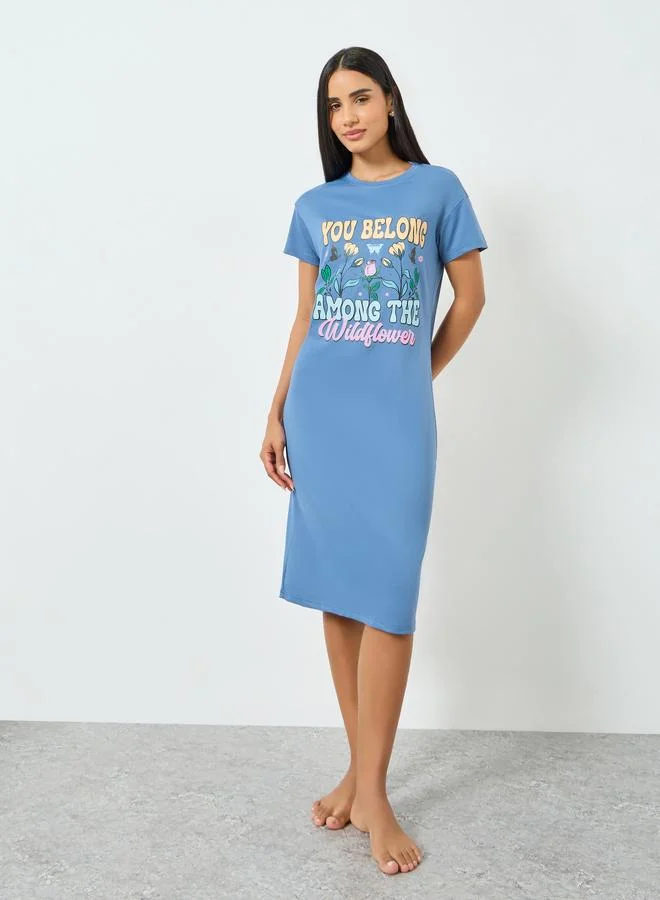 تايك تو Blue Wildflower Print T-Shirt Dress
