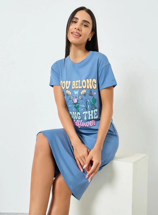 تايك تو Blue Wildflower Print T-Shirt Dress