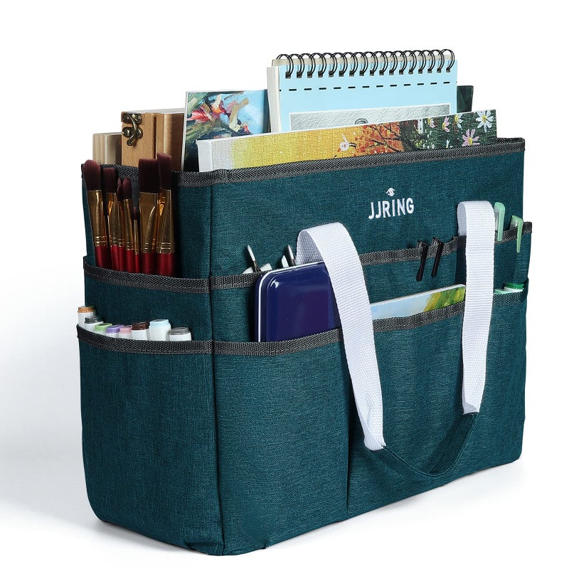 JJRING Craft Organizer Tote Bag Large Art Storage Caddy with Multiple Pockets Bluish Green Sewing Bag for Art Craft Scrapbooking School Medical and Office Supplies Storage